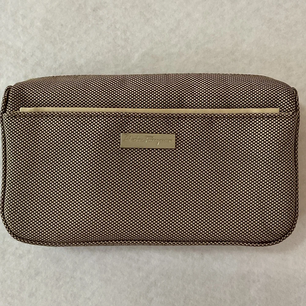 Salvatore Ferragamo Brown Textured Canvas Toiletry Pouch with Gold Accent